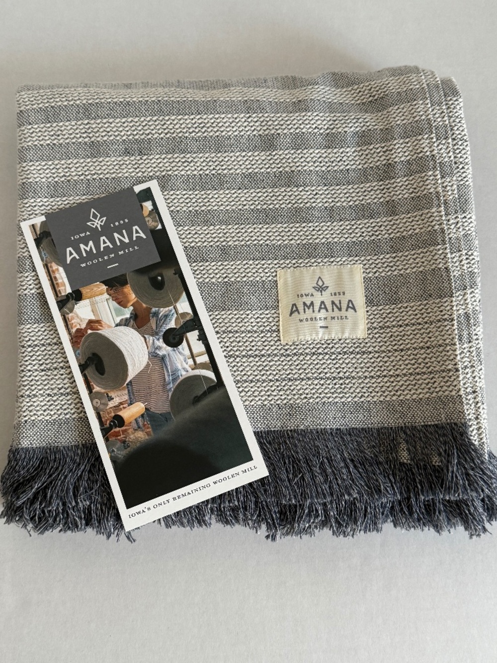 NEW! Amana Woolen Mill 100% Cotton Throw (Color: Gray/Blue/White)